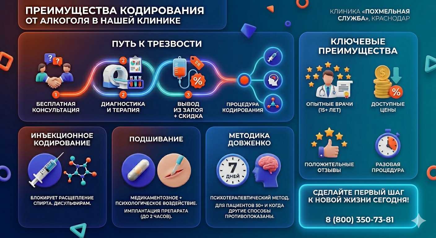 Инфографика о методах кодирования от алкоголя в Винсадах: инъекции, подшивание, метод Довженко. Преимущества клиники и этапы лечения.